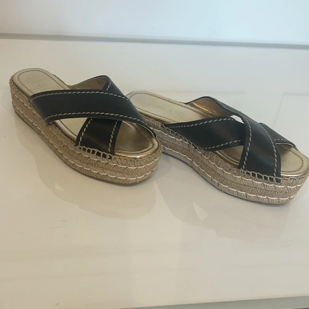 Prada Black Leather Espadrille Platform Sandals with Gold Footbed